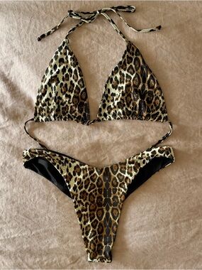 Leopard Print Triangle Bikini Set - Brown